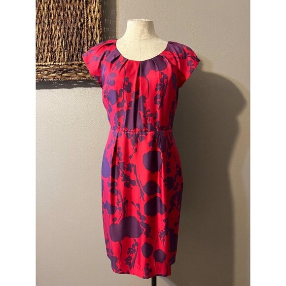 BODEN Dress Red Purple 6 R Short Sleeve Washable Silk Sheath Side Zip - Picture 3 of 7